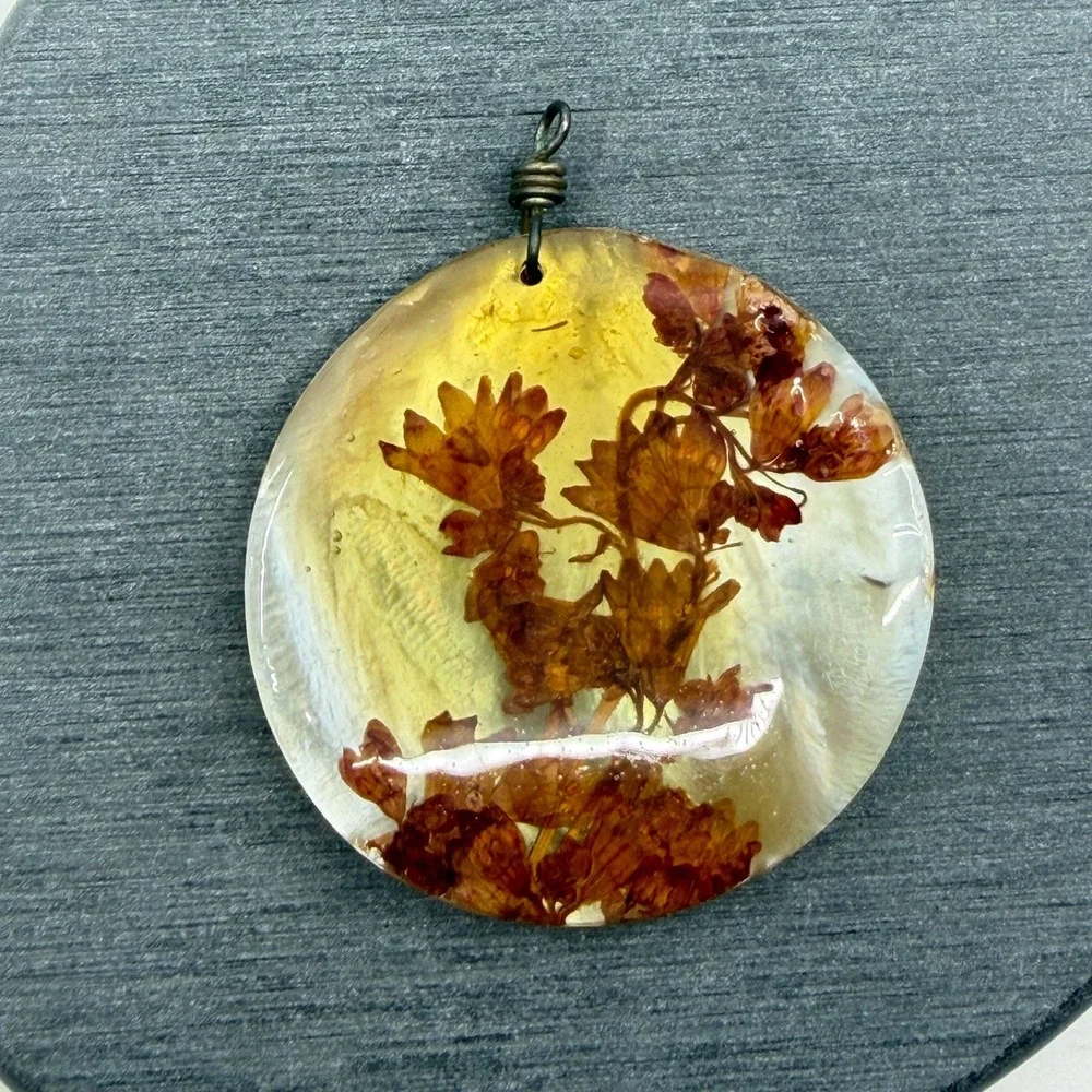 Dried Flower Resin Pendant Amber & Bronze Tone Yellow Cottagecore Boho Jewelry